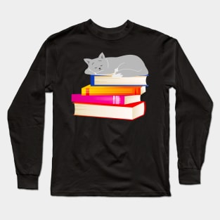 Cat sleeping on Books Reading Cat Lover Long Sleeve T-Shirt